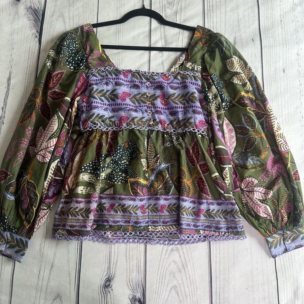 Farm Rio Blouse Top XS Green Jungle Fairy Boho Botanical Tropical Praire Resort - Picture 15 of 15